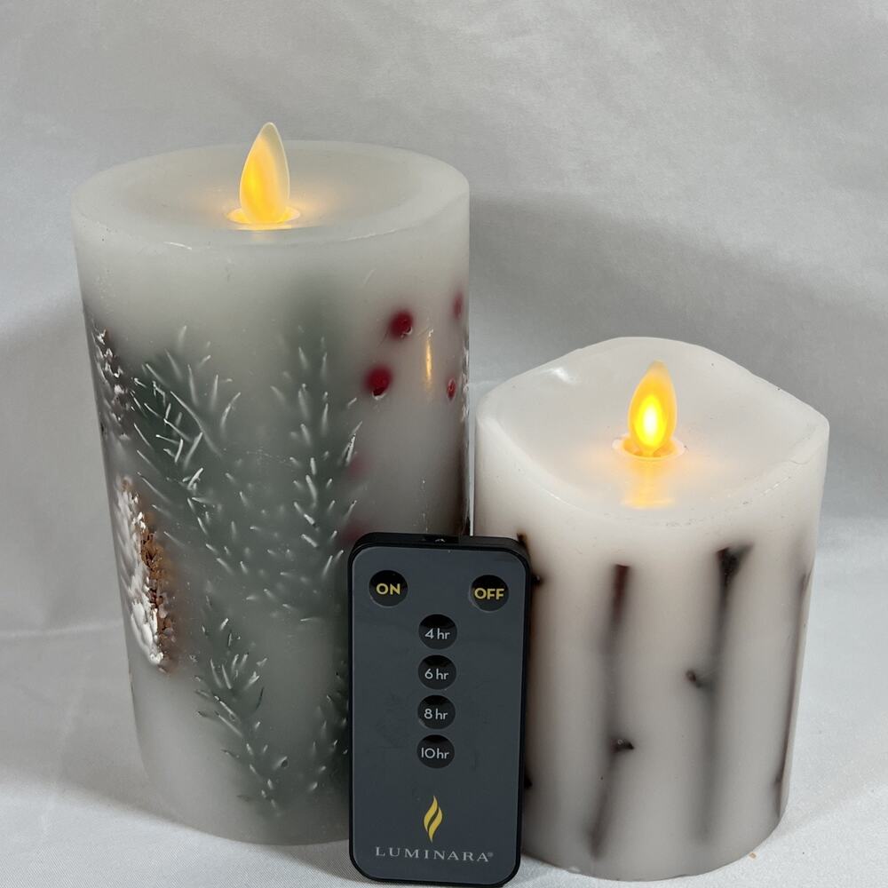 Lot of 2 Luminara Candles Pillar Botanical Pinecones Sticks Remote 4-10hr Timer